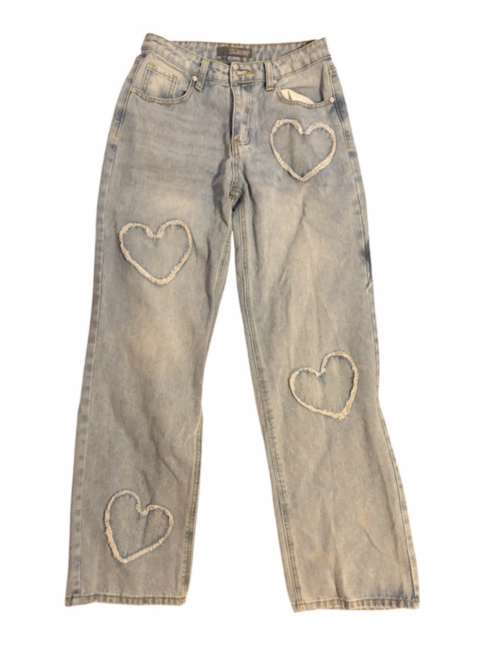 Light Blue Straight-Leg Jeans with Heart Patch Details